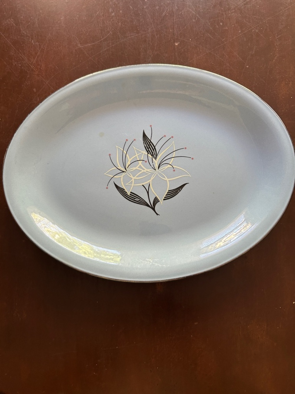 Homer Laughlin Pale Blue Ceramic Platter with Black and Gold Floral Accents
